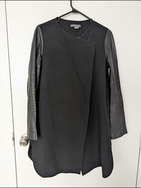 AllSaints Black Wool Coat with Leather Sleeves